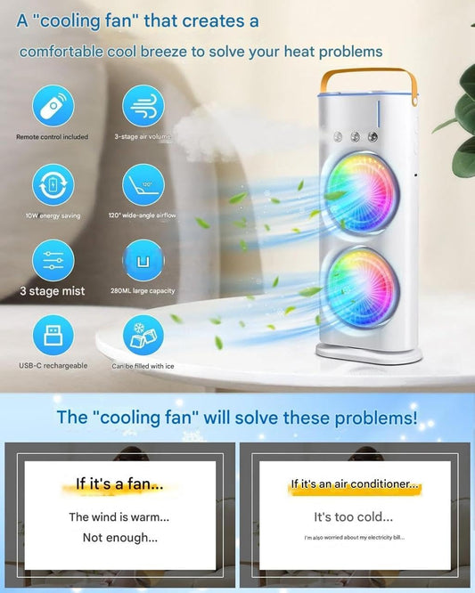Portable Double Mist Air Cooler Fan – Rechargeable Mini AC with Remote