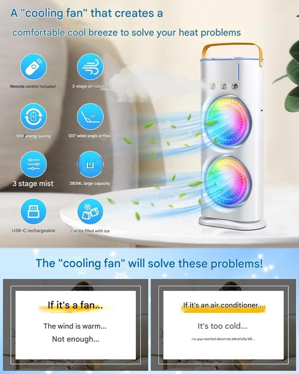 Portable Double Mist Air Cooler Fan – Rechargeable Mini AC with Remote